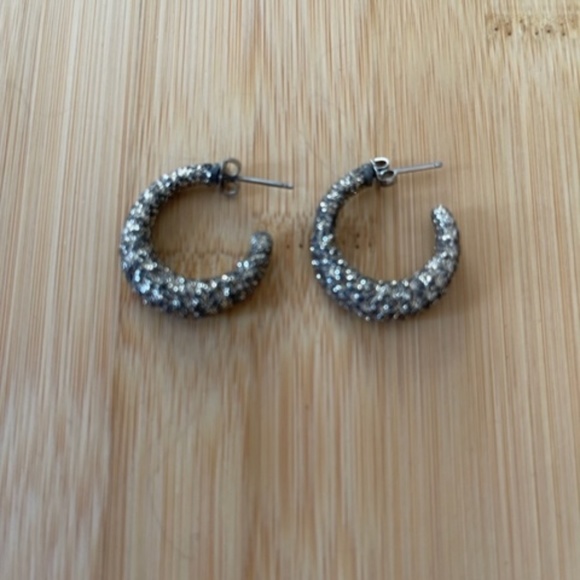 Oxidized Silver Rhinestone Hoop 1"Earrings - Picture 1 of 2